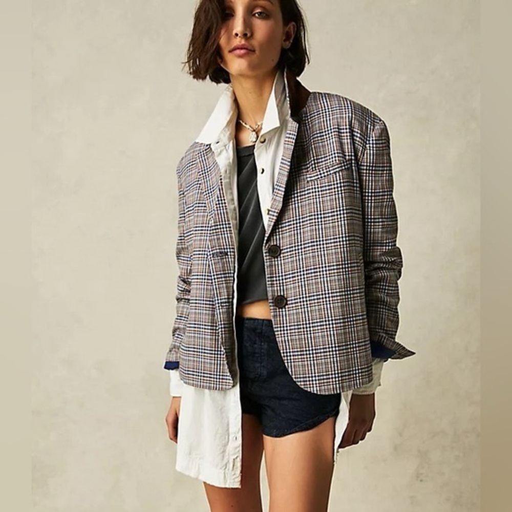 Free People Plaid Blazer - Brown and Blue